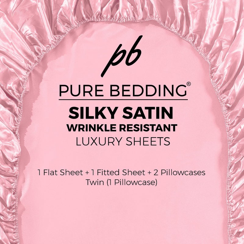Pure Bedding Satin Sheets Full [4-Piece, Pink] Hotel Luxury Silky Bed Sheets - Extra Soft 1800 Microfiber Sheet Set, Wrinkle, Fade, Deep Pocket Fitted Sheet, Flat Sheet, Pillow Cases - Image 5